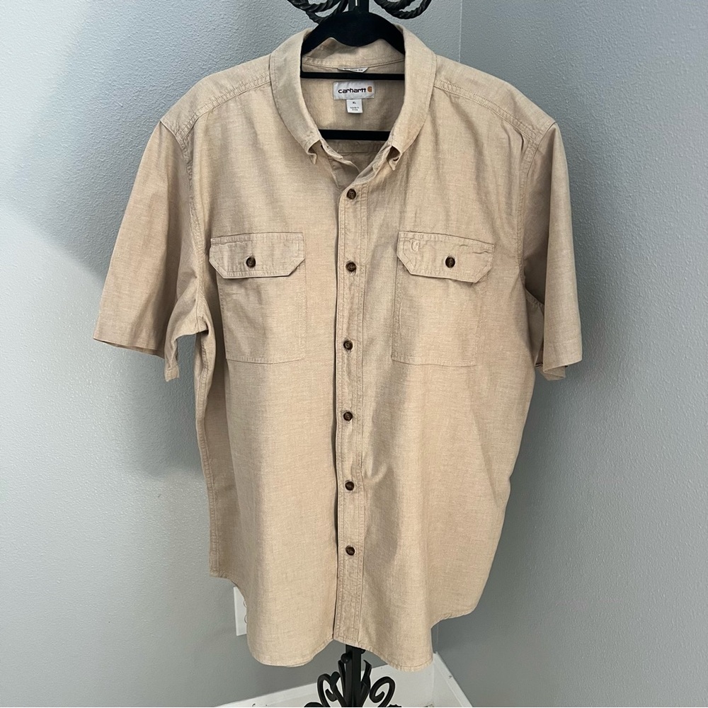 Carhartt Men's Beige Button Down Short Sleeve Shirt 100% Cotton